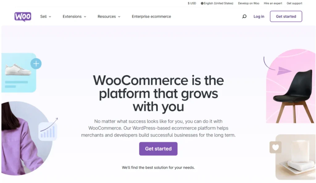 WooCommerce homepage screenshot highlighting its eCommerce capabilities as a WordPress plugin.