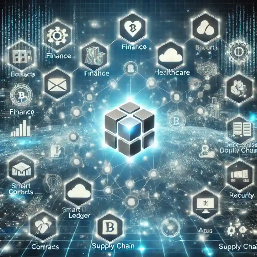 Digital illustration showcasing blockchain applications in finance, healthcare, supply chain, and real estate with a glowing blockchain network.