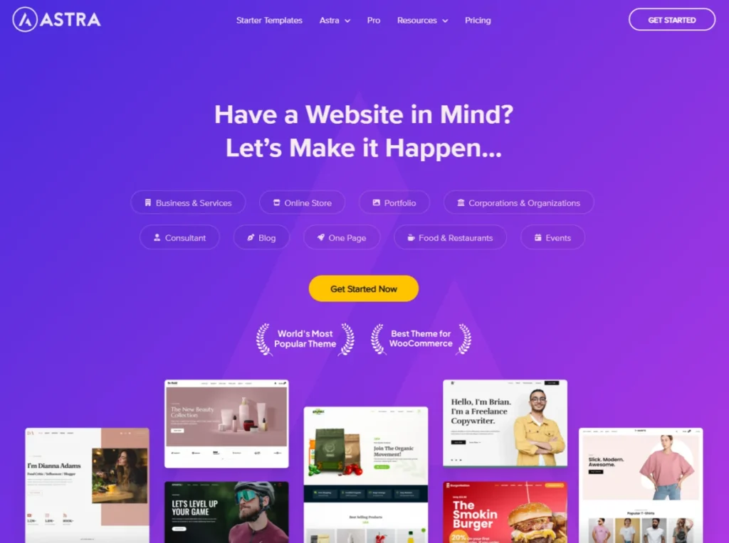 Astra homepage screenshot.