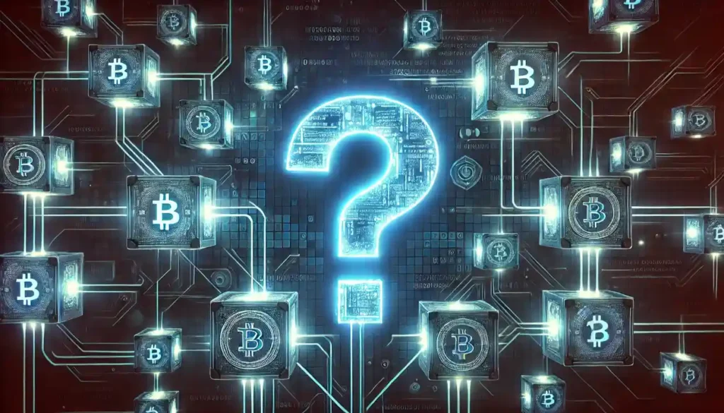 Futuristic blockchain visualization with a glowing question mark integrated into interconnected digital blocks.