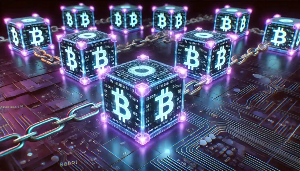 Futuristic digital blockchain with glowing interconnected blocks and cryptographic symbols.