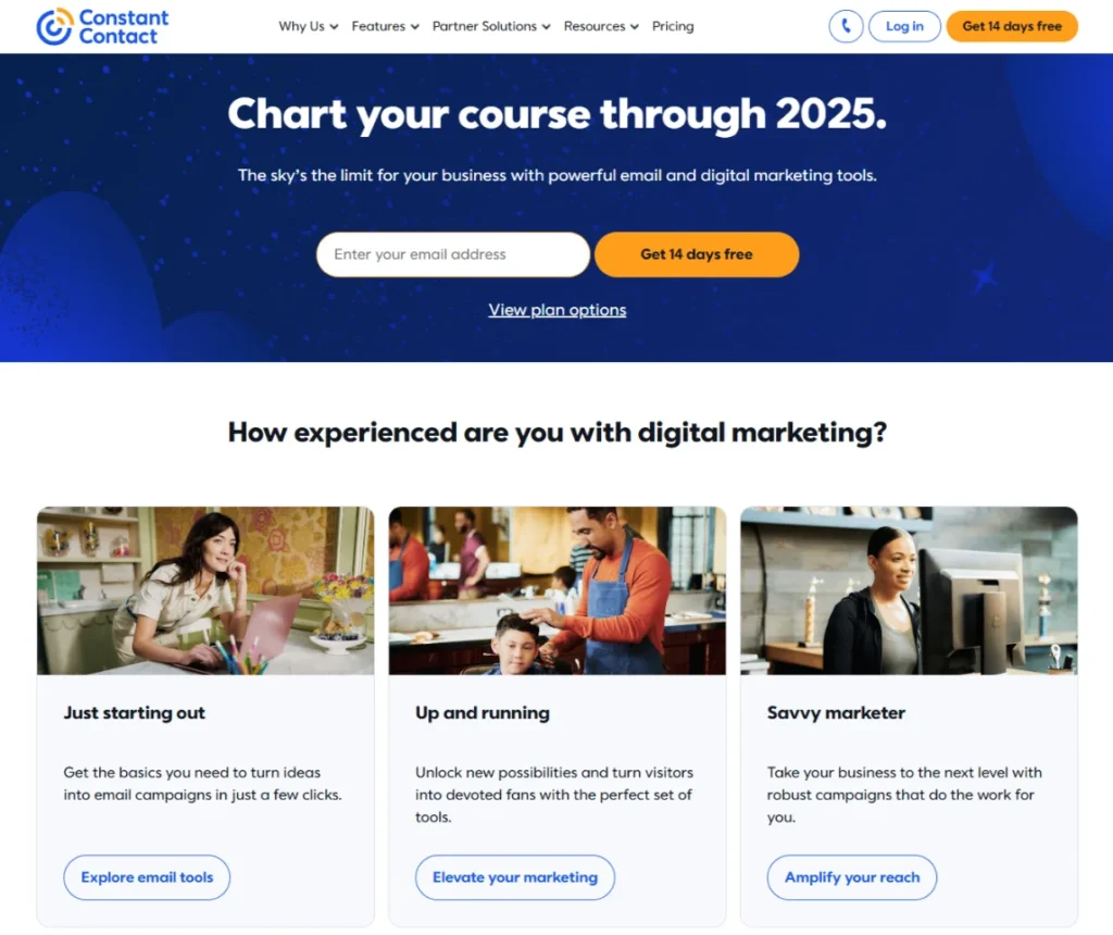 Constant Contact homepage screenshot displaying its main interface.