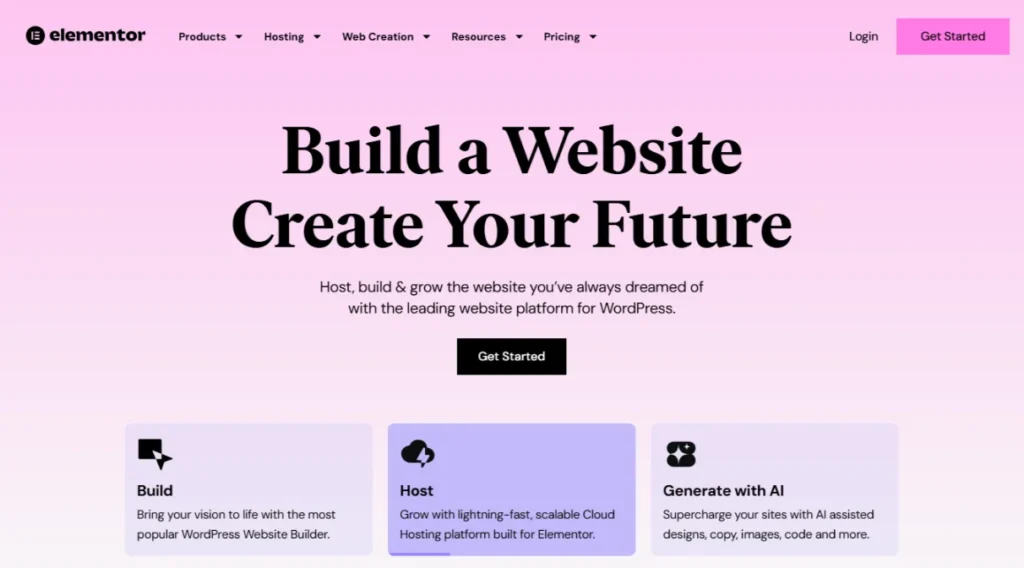 Elementor homepage screenshot displaying its main interface.