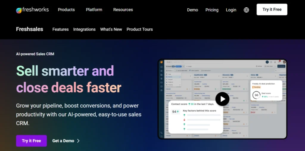 Screenshot of Freshsales CRM homepage featuring a clean design, highlighting its sales and marketing tools with a bold headline and call-to-action button.