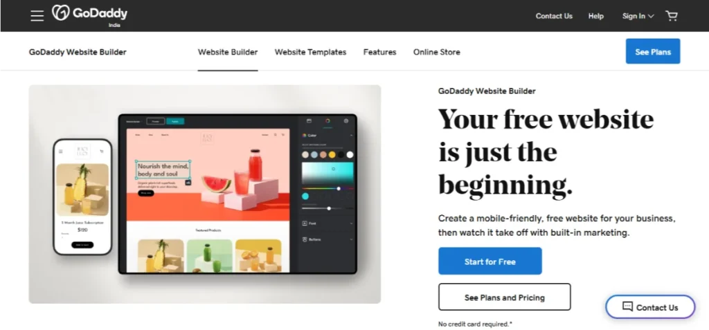 Screenshot of GoDaddy website builder homepage.