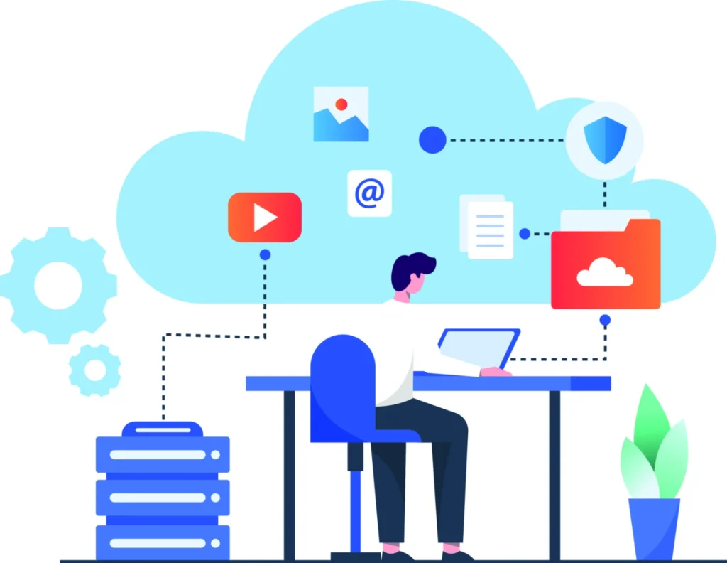 Illustration of cloud technology representing data storage, and computing solutions.