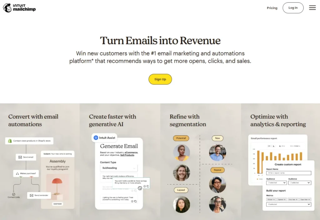 Mailchimp homepage screenshot displaying its main interface.