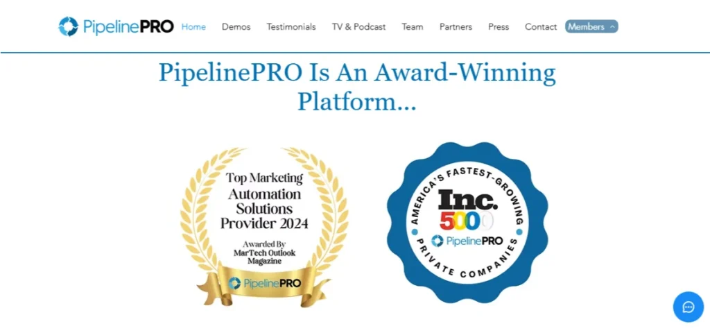 PipelinePro homepage screenshot displaying its award winning section.