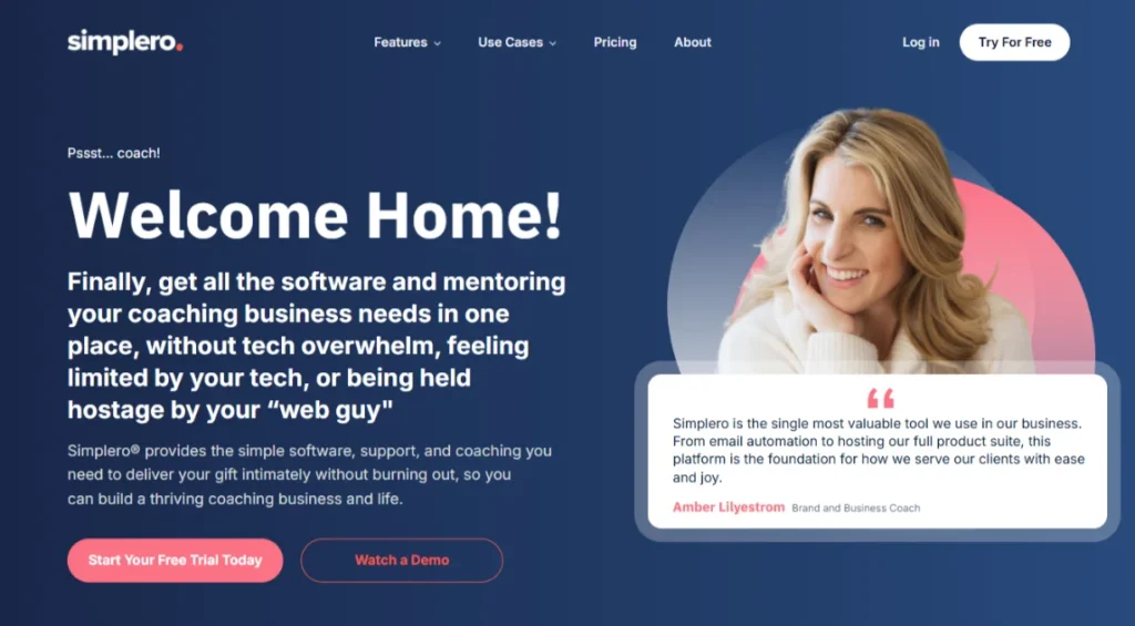 Simplero homepage screenshot displaying its main interface.