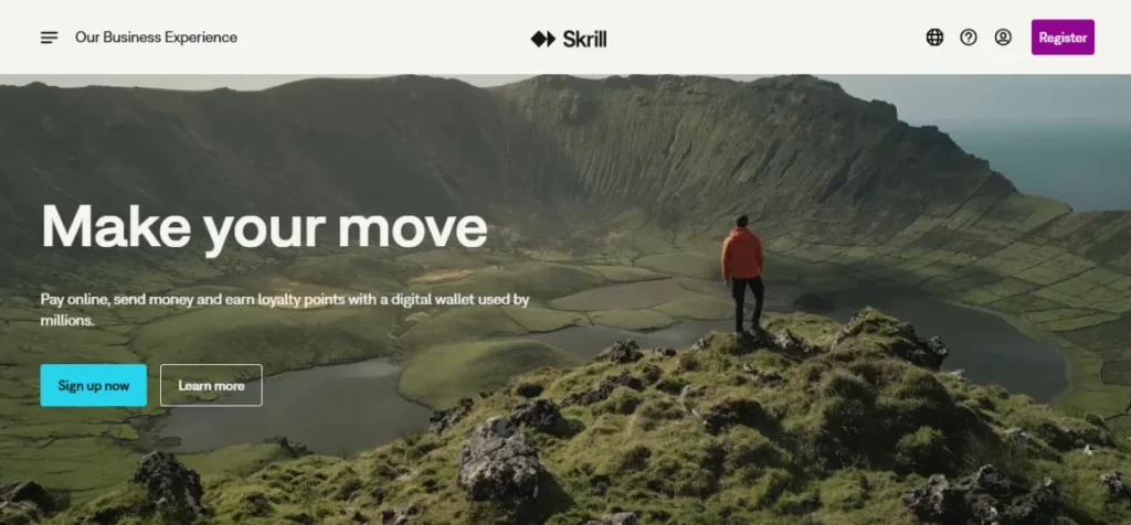 Skrill homepage screenshot displaying its main interface.
