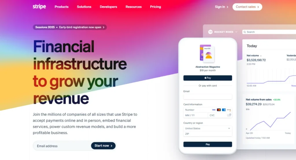 Stripe homepage screenshot displaying its main interface.
