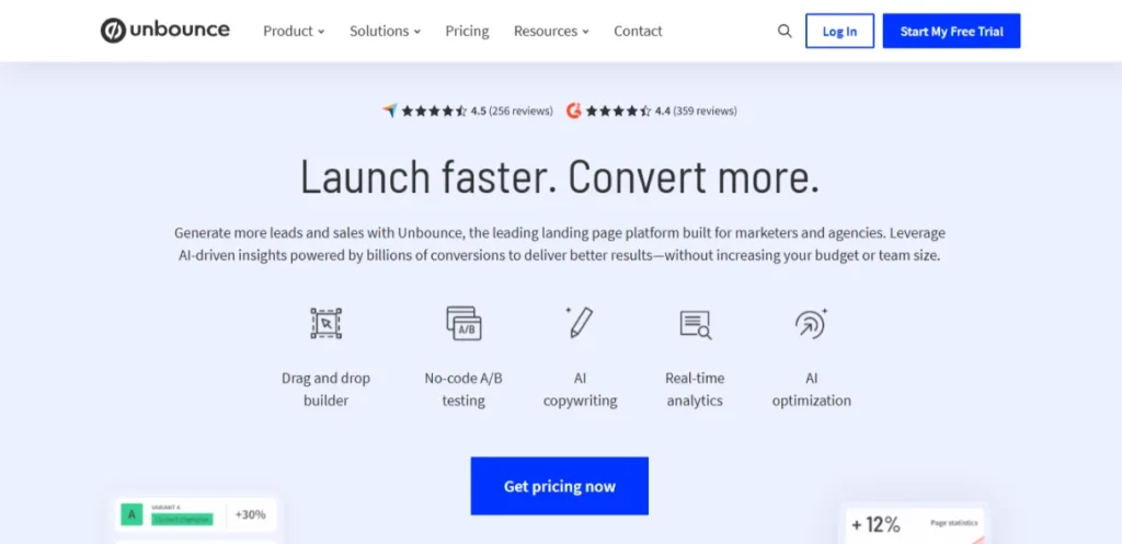 Unbounce homepage screenshot showing landing page builder and features.