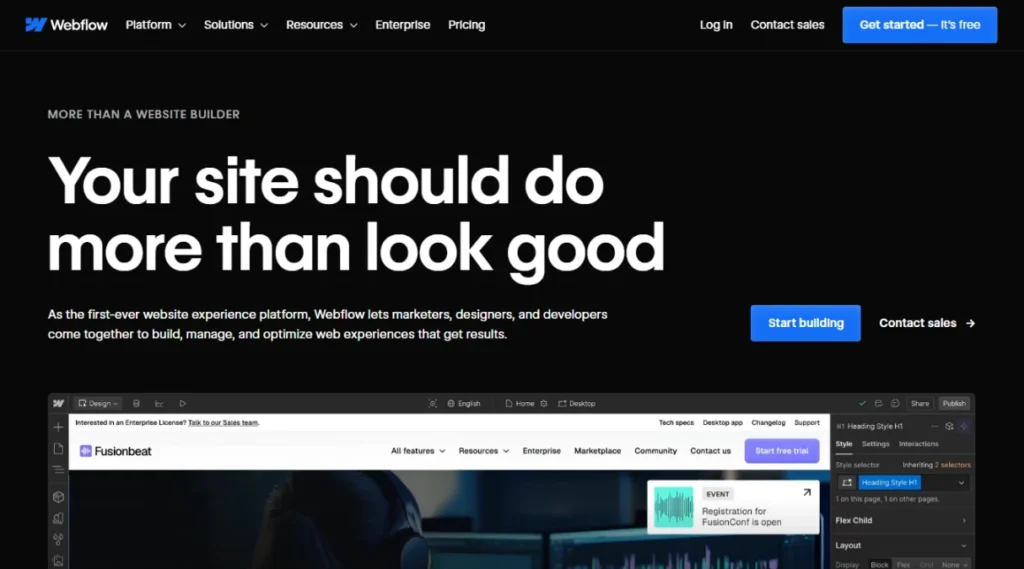 Webflow homepage screenshot displaying its main interface.