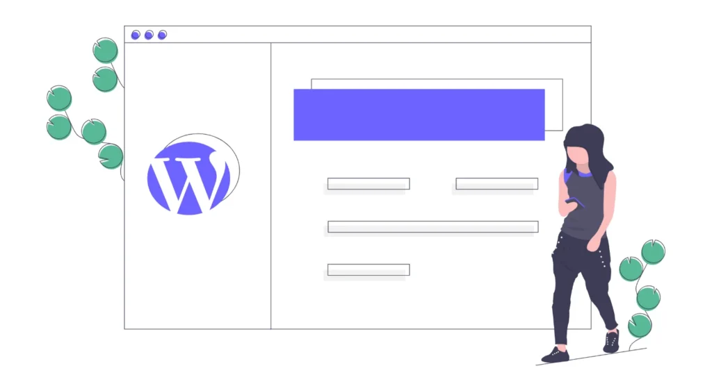 Illustration representing WordPress, featuring its logo, website design elements.