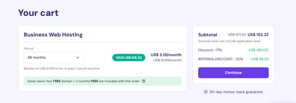Screenshot of the Hostinger cart after applying my referral link — showing the 20% discount on the Business plan for 48 months!