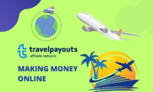Illustration for "How to Start a Travel Affiliate Website" featuring the Travelpayouts affiliate network, with icons of an airplane, globe, cruise ship, and tropical scenery promoting making money online through travel affiliate marketing.